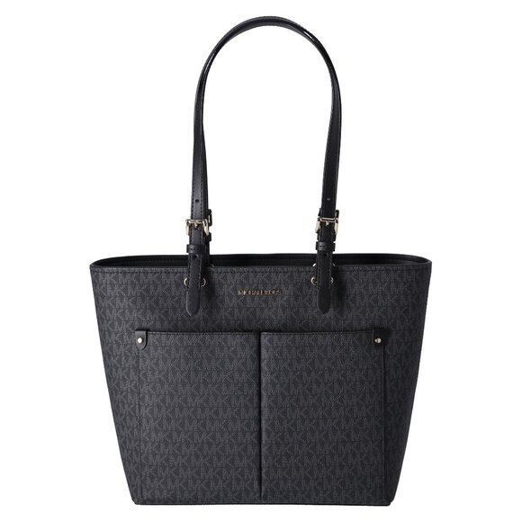 Michael Kors Jet Set Travel Medium Double Pocket Tote Vegan Leather Black MK - Picture 1 of 8